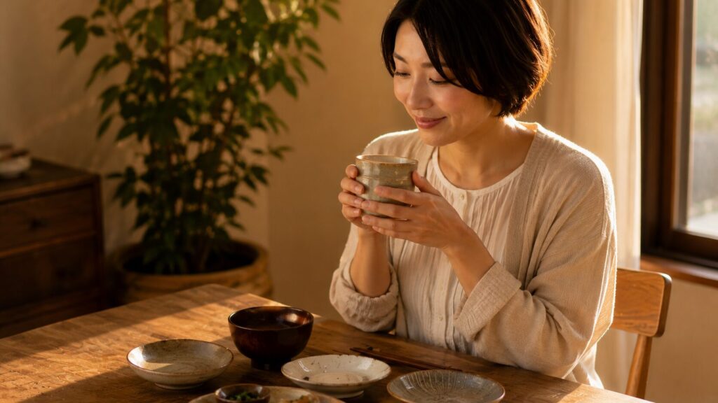 食事を終えてお茶を手に穏やかにほほえむ女性|魚との距離は自分で決めていい