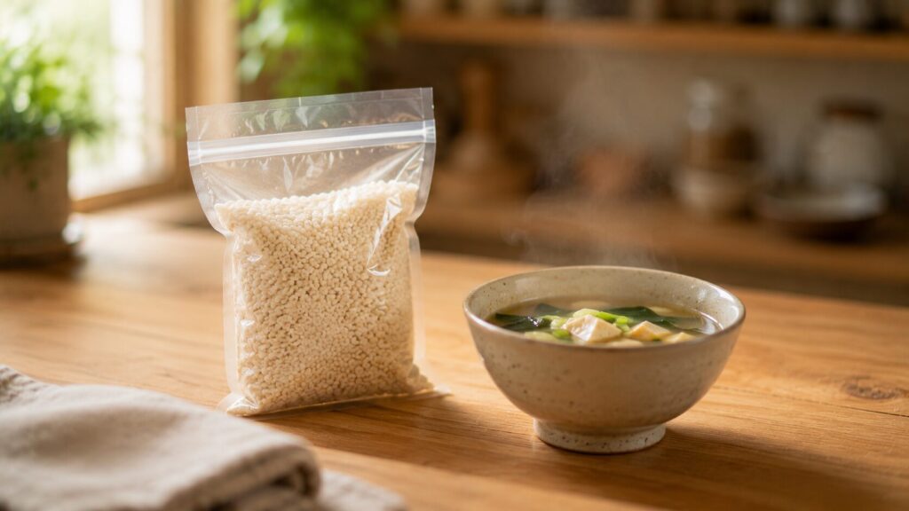 乾燥米麹の袋ひとつと味噌汁の椀を置いた、麹を始める第一歩を表すキッチンの写真