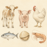 牛・豚・鶏と並んで描かれた魚・貝・エビの水彩イラスト|魚も同じ動物性食品の仲間