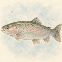 中で静かに泳ぐ一尾のニジマスの水彩イラスト|魚も痛みを感じるという研究
