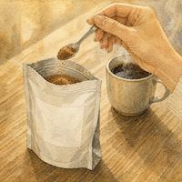 毎朝のシナモンコーヒーづくり。使いかけの白い袋から小さじでセイロンシナモンをすくい上げた瞬間を、奥に湯気の立つマグとともに描いた水彩イラスト