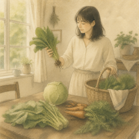 洗うことより野菜の選び方を意識している場面。窓辺のテーブルで、かごから持ち帰った葉物野菜や土つきのにんじんを並べ、1つを手に取って見ている水彩画