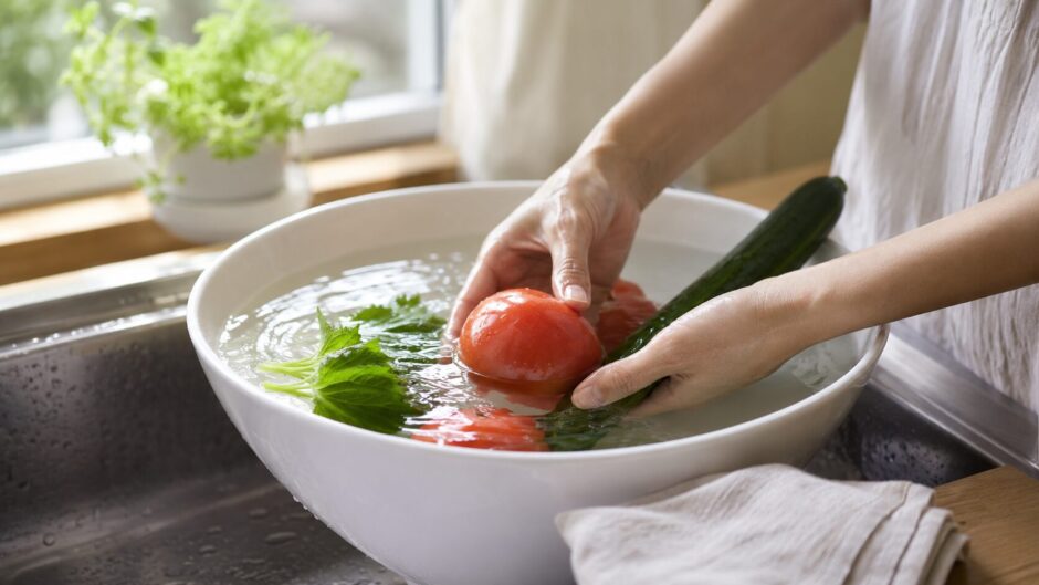 野菜の農薬を落とすために水を張ったボウル。朝の光が差すキッチンで、水に沈めたトマトやきゅうりを手がそっと押さえ、水面に光が揺れている