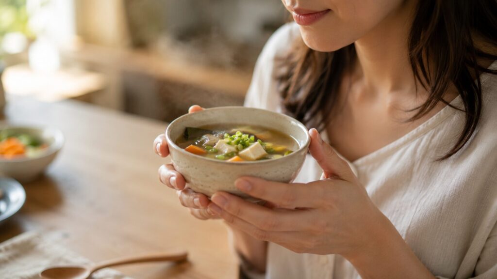 薄味の味噌汁を味わい、満足そうにお椀を置く女性の手元をとらえた写真