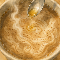シナモンコーヒーの仕上げの工程。豆乳の混ざる液面にシナモンの粉が浮き、小さじからアマニ油を回し入れて金色の輪が広がる瞬間を真上から描いた水彩イラスト