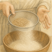 穀物の外側部分に農薬が多く残ることを示す一枚。ふるいから細かい小麦粉が木のボウルに落ち、ふるいの中に茶色いふすまが残っている水彩画