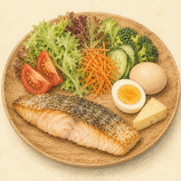 魚・卵・チーズが並ぶ食卓の水彩イラスト|肉は食べないペスカタリアンの食のスタイル