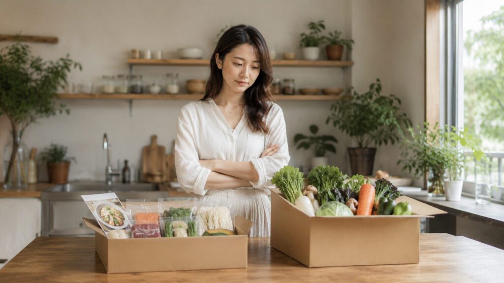 Oisixとらでぃっしゅぼーやの箱を並べて見比べる女性|目的別の使い分けガイド