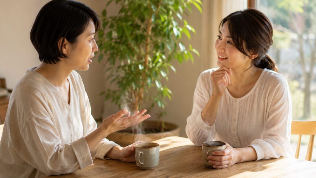 お茶を飲みながらヴィーガンと魚の疑問を語り合う2人の女性