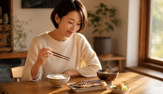 週に一度ほど魚を食べる日、焼き魚の定食を前に静かに向き合う女性
