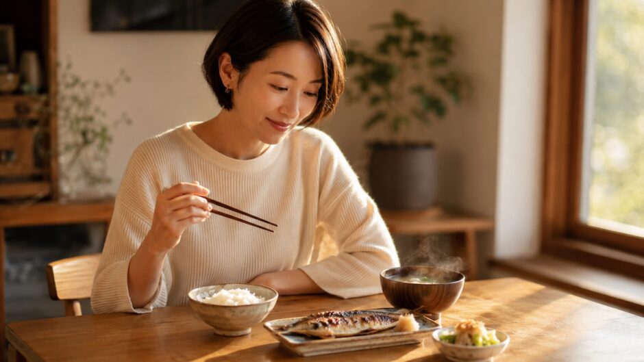 週に一度ほど魚を食べる日、焼き魚の定食を前に静かに向き合う女性