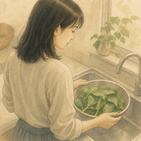 洗うことへの期待を考え直した場面。窓辺の流しで、洗ったばかりの葉物野菜をざるに上げたまま手を止めて見ている女性の水彩画