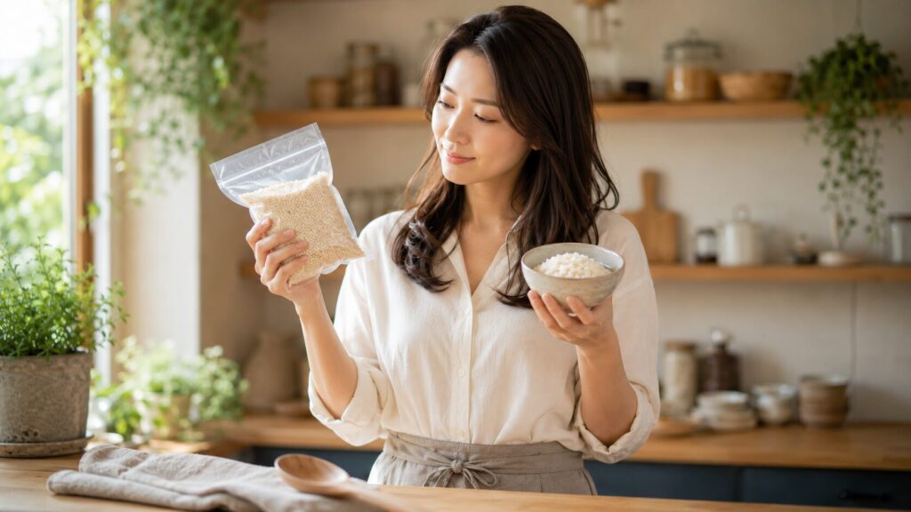 乾燥米麹と生麹をそれぞれの手に持ち、やわらかい表情で見比べる女性の写真