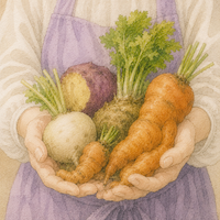 曲がった人参など不揃いな野菜を手に乗せた様子を描いた水彩イラスト