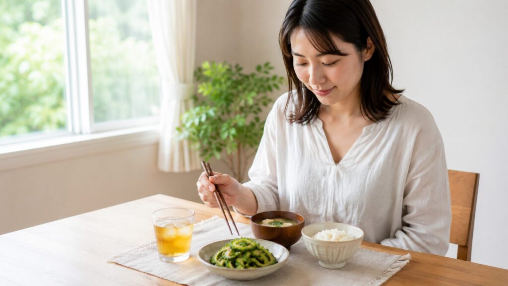 ゴーヤの栄養を毎日の食卓で取り入れる場面。明るいダイニングで、ゴーヤの小鉢と豆腐の味噌汁、麦茶が並ぶテーブルに女性が座り、箸を手に取っている