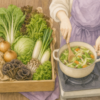 野菜だけの箱と空の調味料棚を対比で描いた水彩イラスト