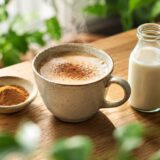 木のテーブルに並んだシナモンコーヒーのマグと、セイロンシナモンパウダー・豆乳・アマニ油。朝の自然光がやさしく差し込む、体をいたわる一杯の食卓。