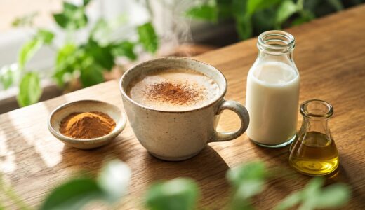 木のテーブルに並んだシナモンコーヒーのマグと、セイロンシナモンパウダー・豆乳・アマニ油。朝の自然光がやさしく差し込む、体をいたわる一杯の食卓。