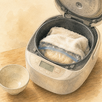 炊飯器が塩麹の仕込みでふさがり、ごはんが炊けないジレンマを描いた水彩イラスト