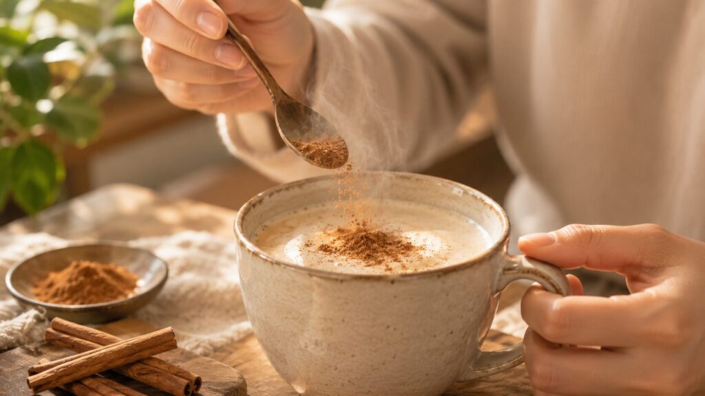 湯気の立つコーヒーに、スプーンでセイロンシナモンのパウダーを振りかける手元のアップ。毎朝つづけるシナモンコーヒーの、4年変わらない日課を写した横長写真。