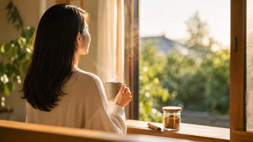 朝の窓辺で、湯気の立つシナモンコーヒーのマグを手に外を眺める女性の後ろ姿。逆光の光が輪郭を照らし、窓辺にはセイロンシナモンの小瓶とスティックが置かれている