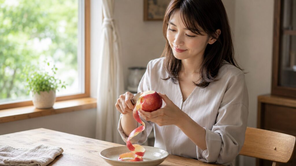農薬が最も多く残る皮をむいているところ。窓辺のテーブルで、女性がりんごの皮をらせん状に長くむき、手元に視線を落としている