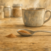 シナモンコーヒーに入れる量の目安。小さじに半分まで入れたシナモンパウダーと、その手前に置いたひとふり分の小さな山を真横から並べて描いた水彩イラスト