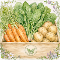 有機・低農薬野菜が主役|木箱に並ぶ有機野菜と葉っぱの認証マークの水彩イラスト