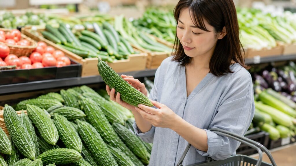 ゴーヤの栄養を保った新鮮な一本を選ぶ場面。スーパーの野菜売り場で、女性が手に取ったゴーヤのいぼの張りを指先で確かめている