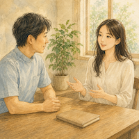 シナモンコーヒーを毎日の習慣にする前の相談の場面。明るい診療室の机をはさんで、医師とおだやかに話す女性を描いた水彩イラスト