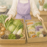 2つの食材宅配を使い分ける満足感を描いた水彩イラスト