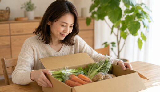 らでぃっしゅぼーやのお試しセットを開封する女性