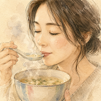 米麹の使い道を続けて薄味でも満足できるようになり、塩麹のやさしい塩気を味わい微笑む女性の水彩イラスト