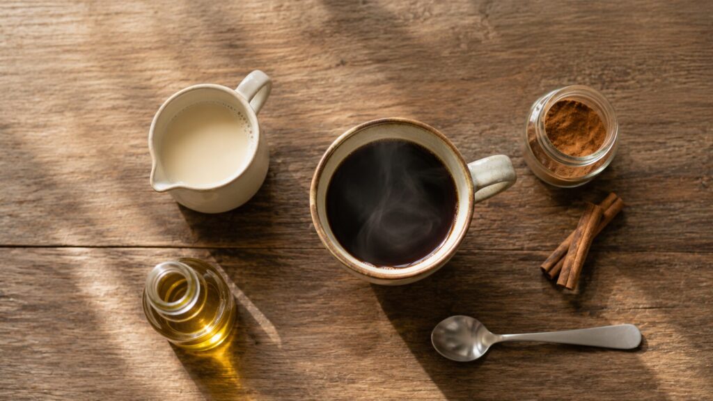 シナモンコーヒーの材料を真上から並べたところ。淹れたてのコーヒー、セイロンシナモンパウダーの小瓶、豆乳のピッチャー、アマニ油、スプーンが木のテーブルに置かれている