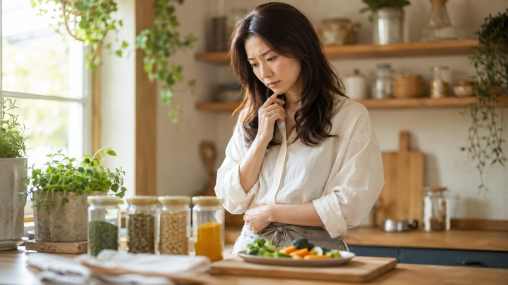 塩麹をどう使えばいいかわからず、調味料瓶を前に困った表情を浮かべる40代女性の写真