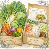 生野菜とミールキットの箱が並び、選べることを表す水彩イラスト