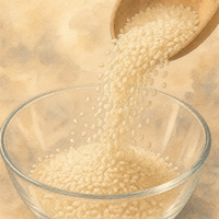 米麹の使い道でわが家が使う乾燥タイプの米こうじの粒を、ボウルへさらさらと注ぎ入れる瞬間を描いた水彩イラスト