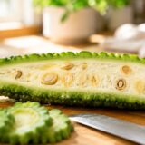 ゴーヤの栄養が詰まった種とワタが見える縦半分の断面。まな板の上で朝の斜光に照らされ、切り口に水滴が光る。手前に輪切りのゴーヤと包丁