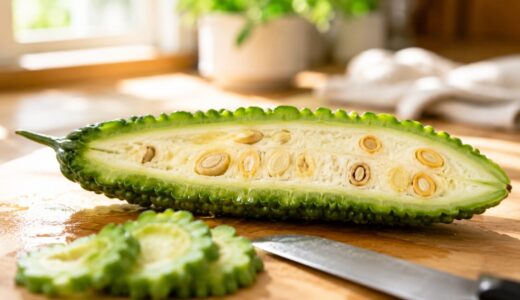 ゴーヤの栄養が詰まった種とワタが見える縦半分の断面。まな板の上で朝の斜光に照らされ、切り口に水滴が光る。手前に輪切りのゴーヤと包丁