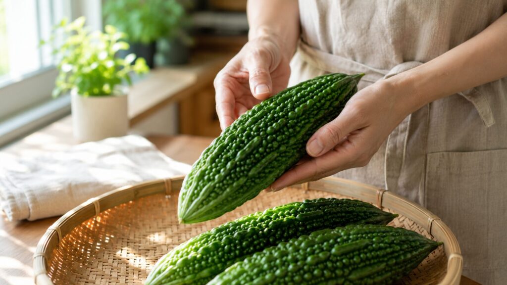 ゴーヤの栄養を余さず活かすために、木のザルに並んだゴーヤから一本を両手で持ち上げる手元。夏の朝の光が差す台所で、エプロン姿の女性がずっしりした実を選び取っている場面