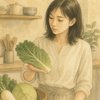農薬が多く残る皮や外葉は栄養も多い場所であることを示す一枚。女性が濃い緑のキャベツの外葉を手のひらにのせ、捨てるかどうか考えている水彩画