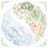 海と野菜が調和する水彩イラスト|魚だけ食べるヴィーガン「シーガン」のイメージ