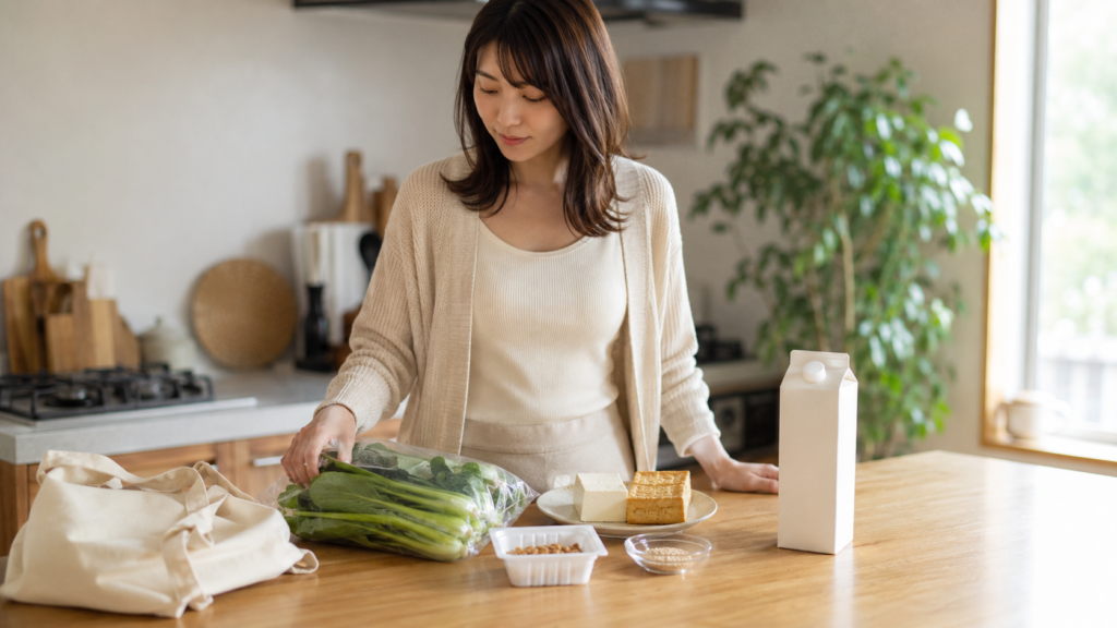 ヴィーガンダイエットで意識してとる食材。キッチンカウンターに小松菜と納豆、厚揚げ、ごま、強化豆乳を広げて確認する女性の写真