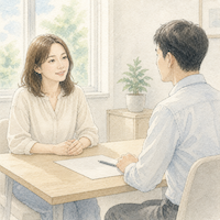 明るい診察室のテーブルで、医師と向かい合って穏やかに相談している女性。ビタミンDが足りているかどうかは血液検査で分かることを示す水彩イラスト