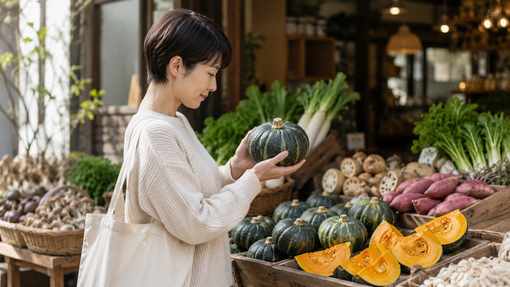 秋のかぼちゃを選ぶ。店先の平台の前で女性が丸ごとのかぼちゃを両手で持ち上げ、重さを確かめている