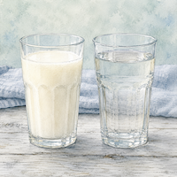甘酒と、麹菌だけを抜いた同じ甘さの飲み物を同じグラスに同量そそいで並べたところ。研究はこの2つを比べている(水彩イラスト)
