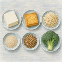 木綿豆腐、厚揚げ、切り干し大根、白ごま、大豆、ブロッコリーを台所の台に真上から並べたところ。甘酒で補えないカルシウムと鉄は別のもので摂る(水彩イラスト)