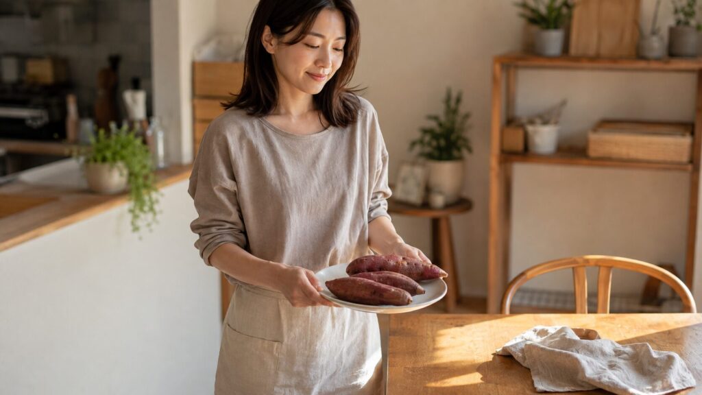 さつまいもを皮ごと蒸して食卓に運ぶ場面。白い皿に盛った皮つきの蒸し芋を両手で持ち、台所からダイニングへ向かう35歳の女性