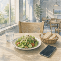 ヴィーガンダイエットは7割でよいと決めた外食の日。窓際の席に並んだサラダとパン、記録用のスマートフォンを描いた水彩イラスト