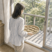 干ししいたけをのせた竹ざるを持って、窓から屋外へ運び出す女性。窓ガラスはUV-Bをさえぎるため屋外の直射日光に当てることを示す水彩イラスト